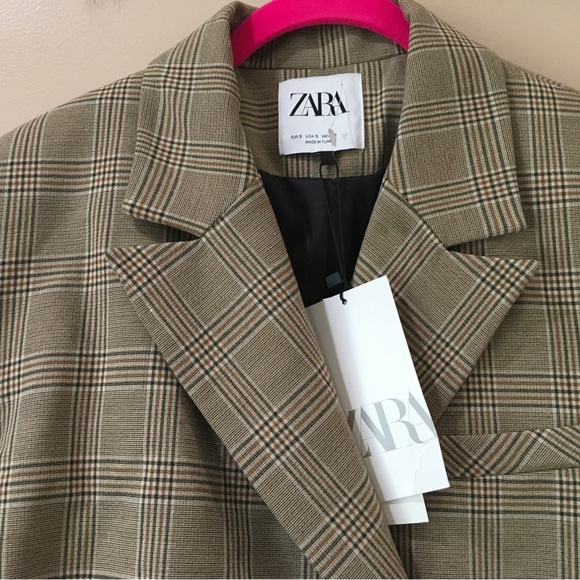 Zara Crop Blazer Jacket Plaid Tan Brown Boxy Blogger Preppy Womens small - Picture 3 of 8